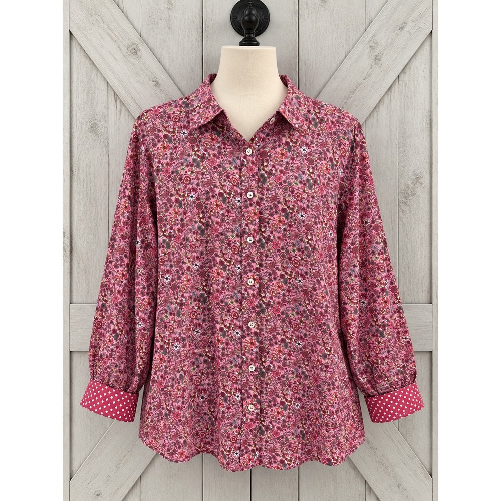 Talbots Cotton Button Down Shirt 3X Pink Floral Contrasting Cuff Long Sleeve